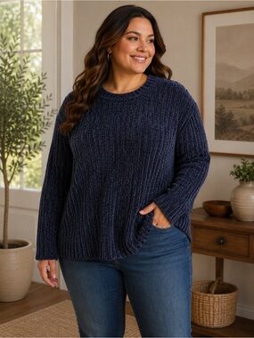 JACHS Girlfriend Navy Chenille Sweater Cozy Chunky Knit Oversized. Ptp 24